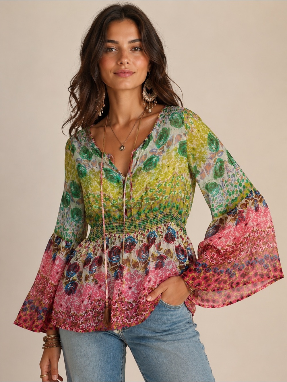 Sweet Sinammon 100% Silk Boho Peasant Top Bell Sleeve Floral Tunic Size L